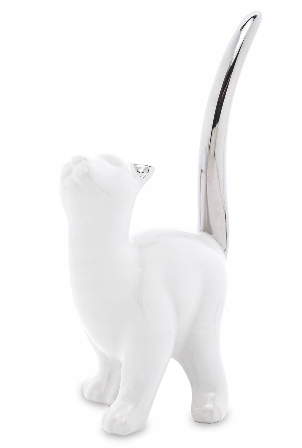 Decoratief keramisch kattenbeeldje voor op tafel in wit met zilveren accent