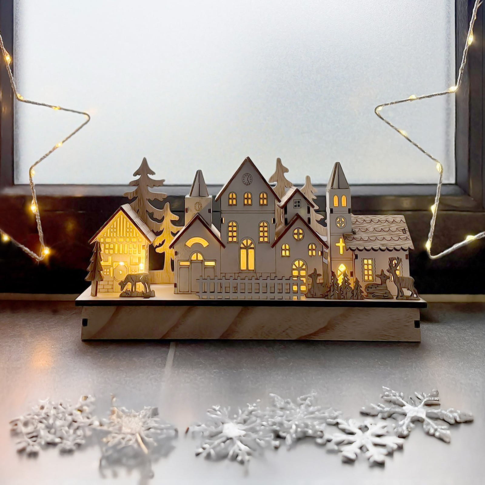 Spetebo Verlichte Houten Kerstdecoratie LED Winterscène Dorp B: 30 cm, D: 14 cm