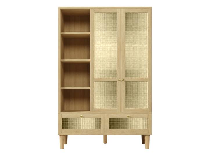 KLEIDERSCHRANK in eichenoptik mit rattan, offene regale, 2 schubladen und kleiderstange