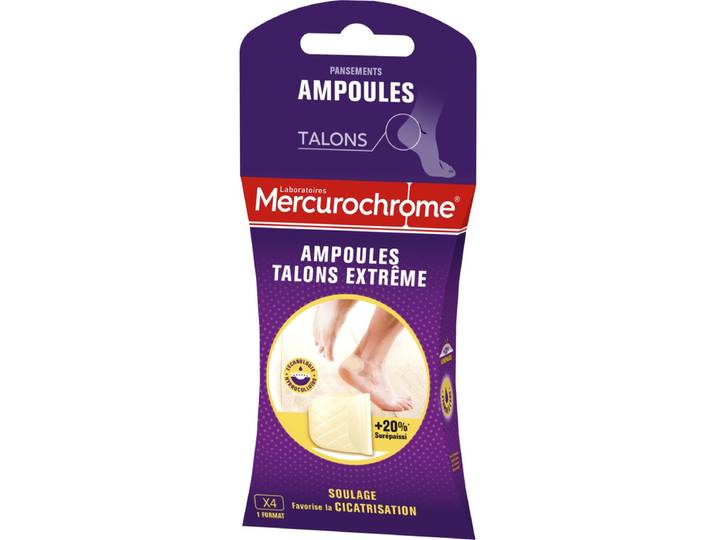 MERCUROCHROME Pansements Ampoules Talons Extrême Hydrocolloïde Maillage en Relief boîte de 4 pansements