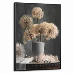 LEINWAND Bilder mit Rahmen - Blumensamen - Löwenzahn - Vase - Stilleben - Blumenstrauß - 50x70