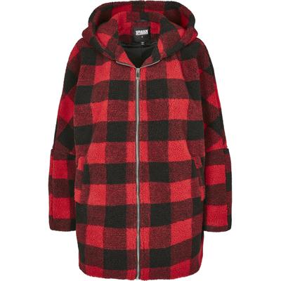 Winterjacke URBAN CLASSICS "Urban Classics Damen Ladies Hooded Oversized Check Sherpa Jacket", Damen, Gr. S, firerot, schwarz, 100% Polyester, kariert, oversize, ohne Ausschnitt, Jacken Winterjacke
