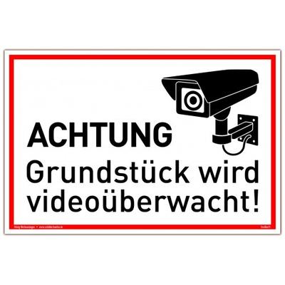 Schild Achtung Grundstück wird videoüberwacht! weiß | stabiles Alu Schild mit UV-Schutz 30 x 20 cm