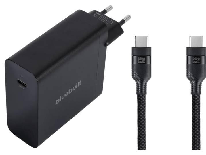 BlueBuilt 140W GaN Usb C Oplader Zwart + Usb C Kabel 240W 2m Nylon Zwart