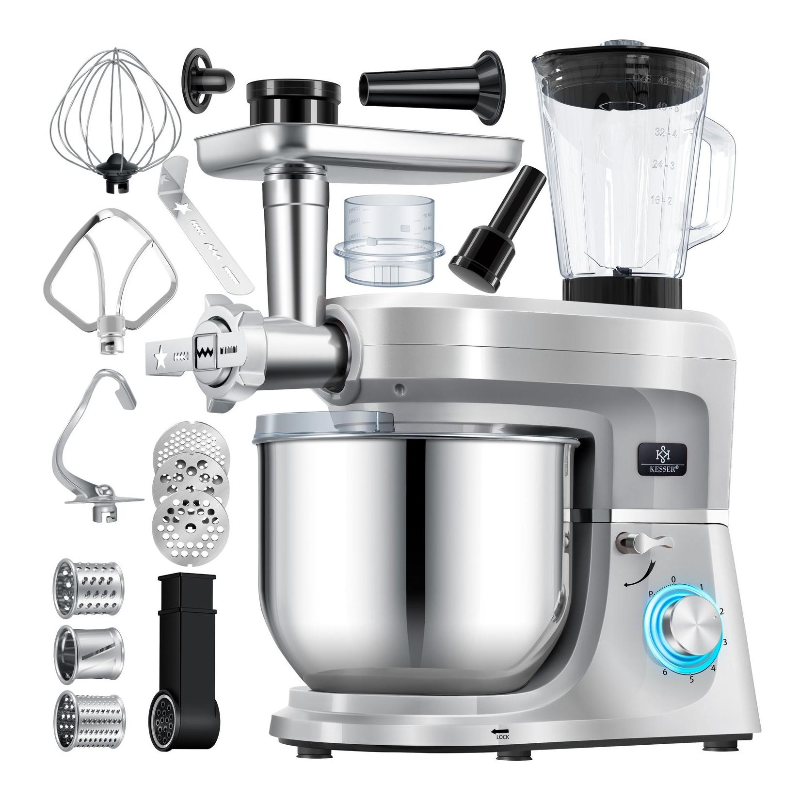 KESSER® 3 in 1 Universal Küchenmaschine K-KM 3000 mit Fleischwolf Knetmaschine Multifuntionale Rührmaschine 5,5L Schüssel mit 3 Rührwerkzeuge 1,5L Entsafter Wurst Set Pasta & Plätzchenformen