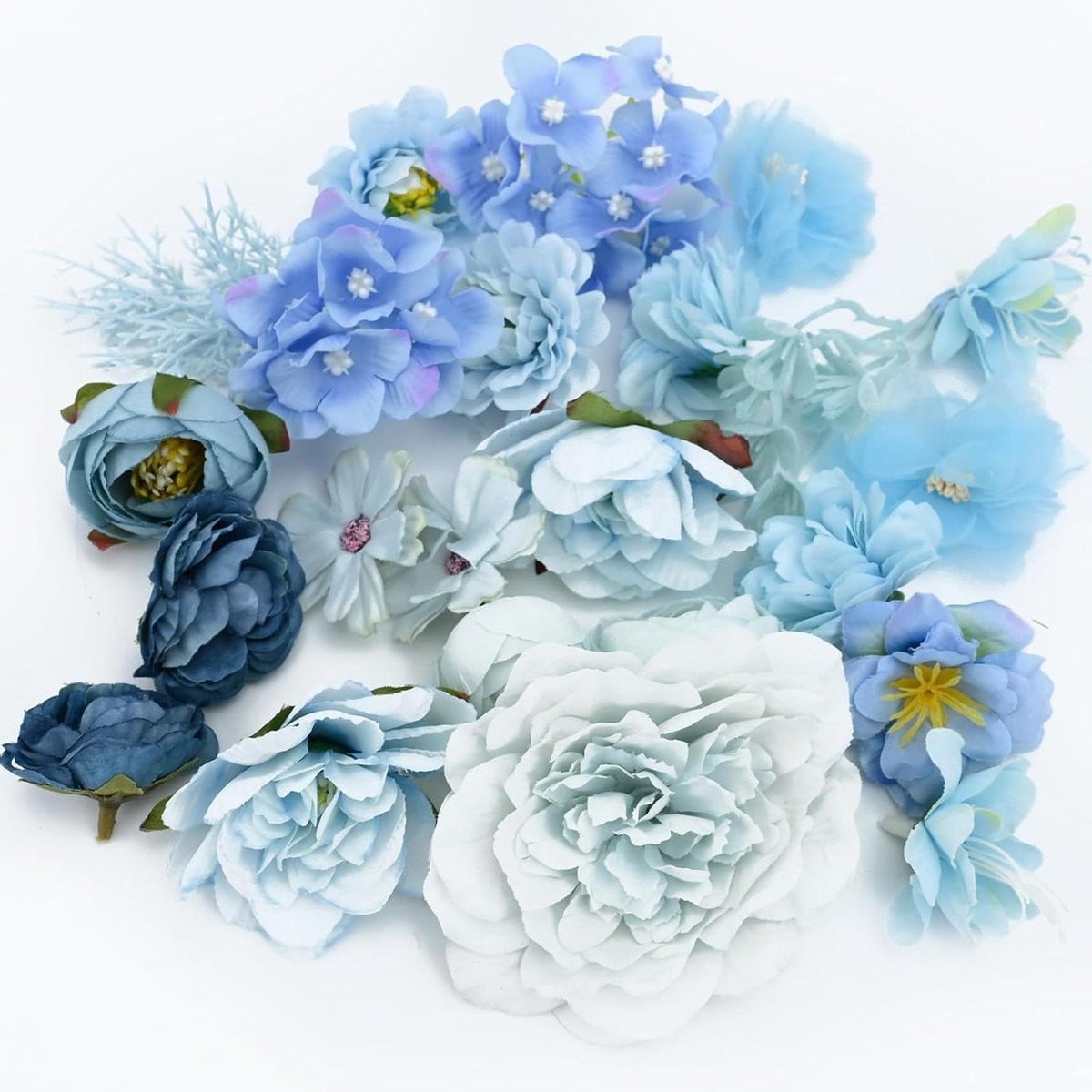 Set van 22 blauwe zijden kunstbloemen voor decoratie en ambachtelijk knutselen