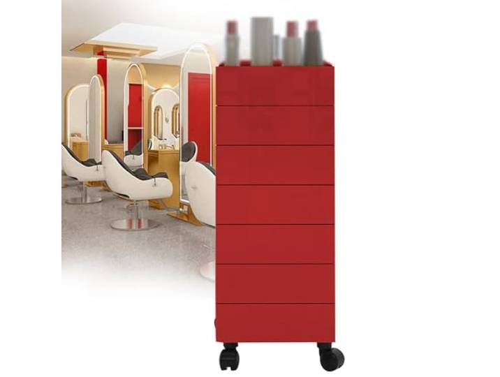 PQXQZ Multifunktions Rollwagen mit 7 Schubladen für Friseurwagen Friseurwagen Rollwagen mit 4 Rädern Drehbarer Kosmetikwagen mit Rollen(Red)