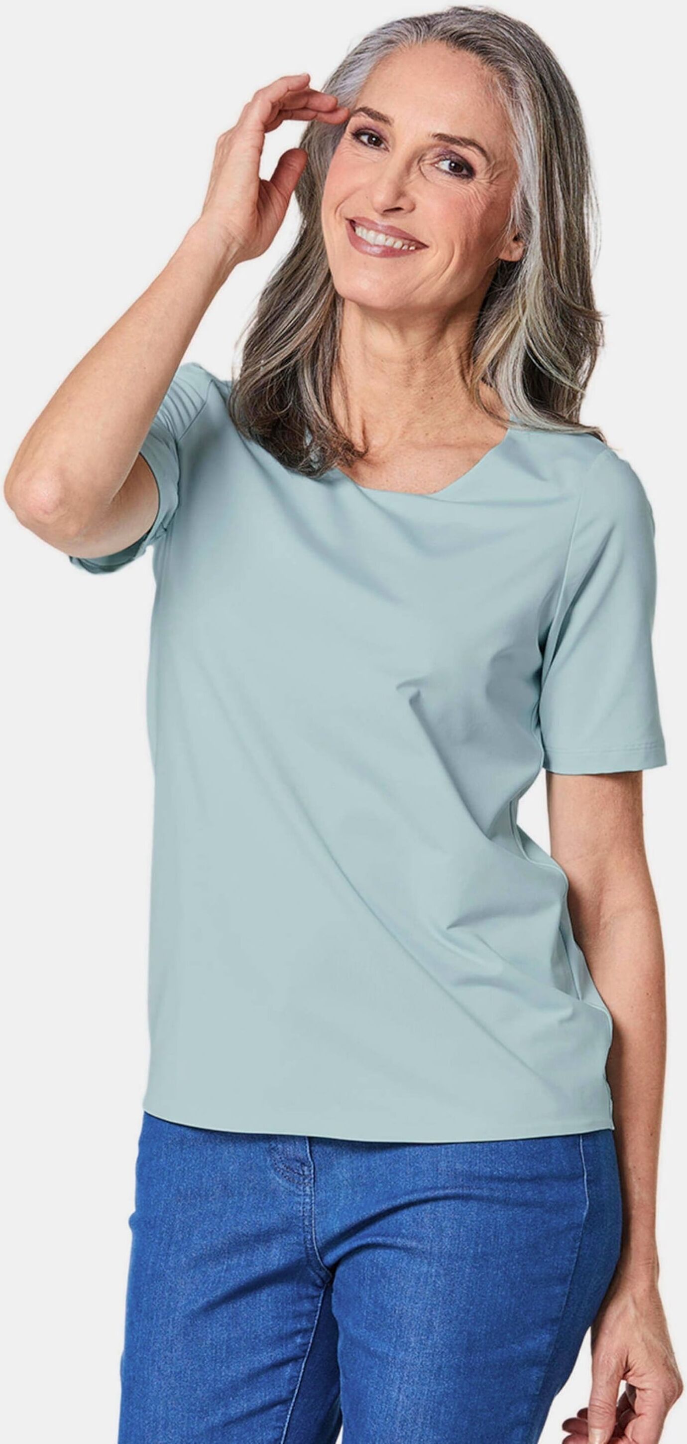 Langarm-Poloshirt GOLDNER "Gepflegtes Shirt in formstabiler Ware", Damen, Gr. 48, blau (bleu), Obermaterial: 82% Polyester PES. 18% Elasthan EL., normal, Rundhals, Sonstiges, Shirts, Ohne