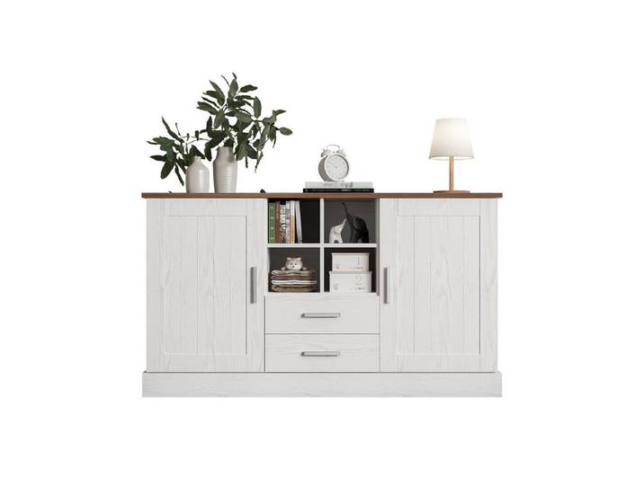 SeedWave Sideboard Stand-Sideboard mit Schrank, Schublade und Staufach, 140x40x79.5 cm, Anrichte mit Holzmaserung und Silberner Griff
