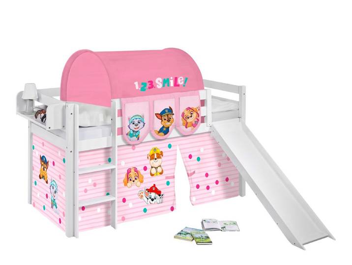 Lilokids Hochbett JELLE mit Rutsche mit PAW PATROL Vorhang - Kinderbett & Spielbett mit Rutsche und Vorhang