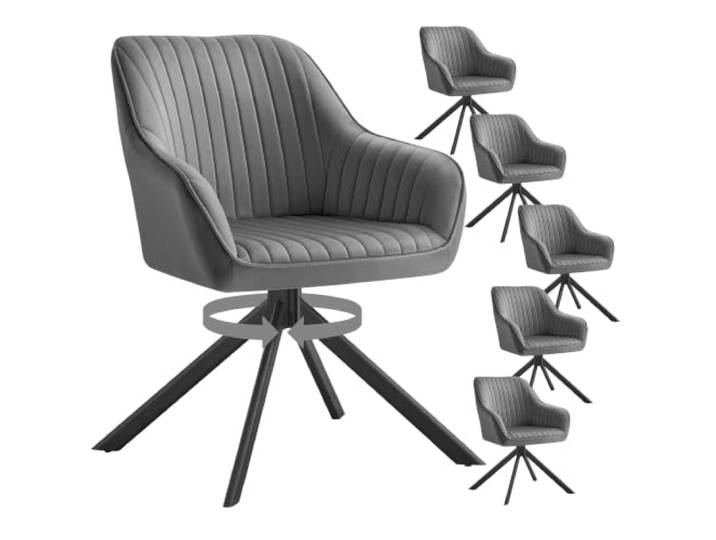 SONGMICS 6er Set Esszimmerstühle, Drehstuhl mit Armlehnen, Samt, Grau Polsterstuhl, Schminktisch Sessel, 360° Drehbar, für Esszimmer, TYRA Kollektion