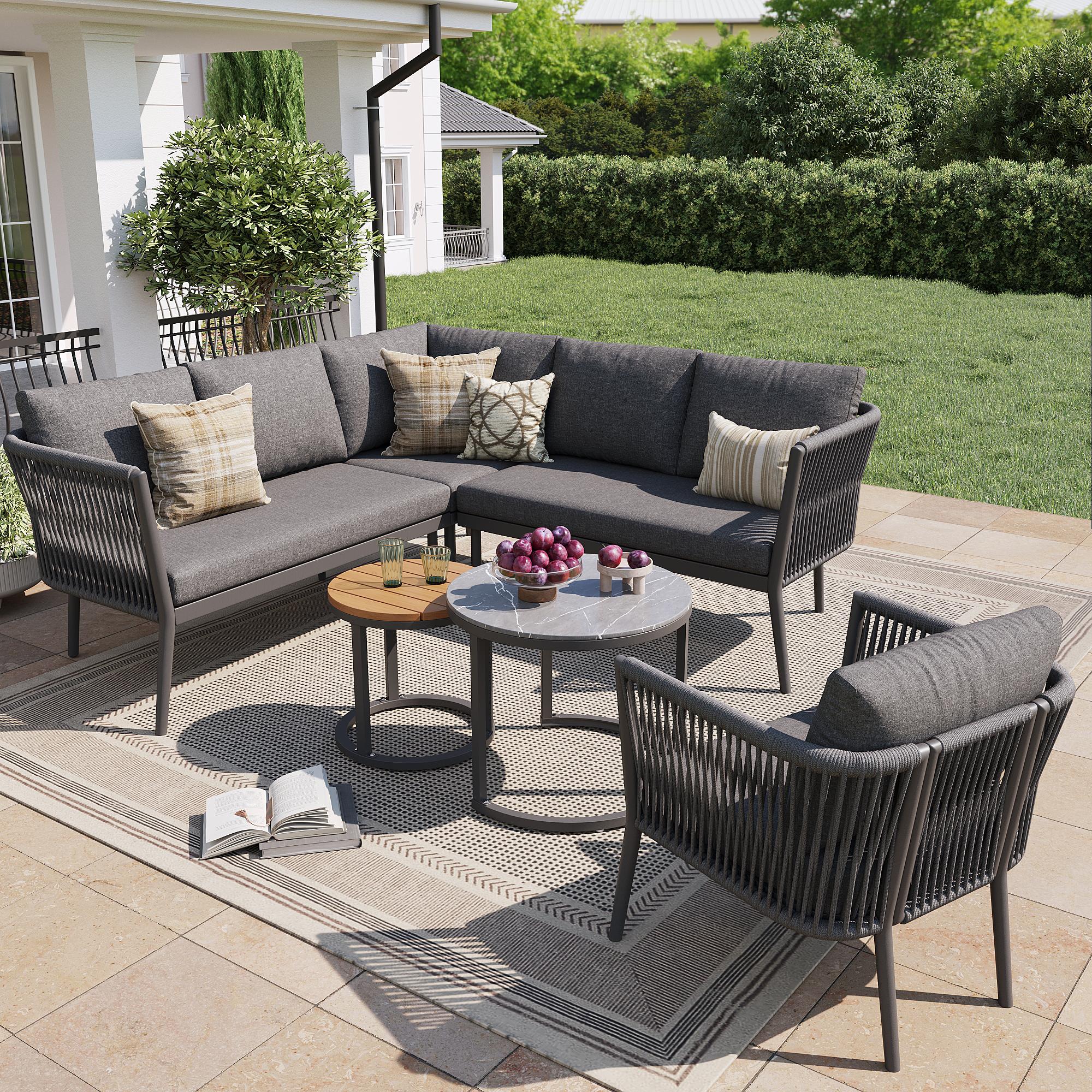 okwish Gartenmöbel-Set Outdoor-Garnitur mit Sofa&Tisch und Einzelsofa,Terrassenmöbel Sitzgruppe mit Sitzkissen und Sitzbank für 5-6 Personen,grau