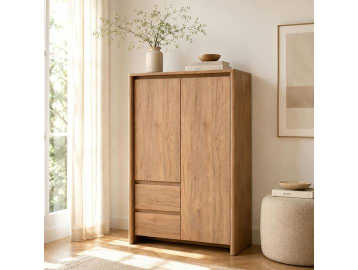 Buffet Haut Effet Bois 2 Portes 2 Tiroirs Alva
