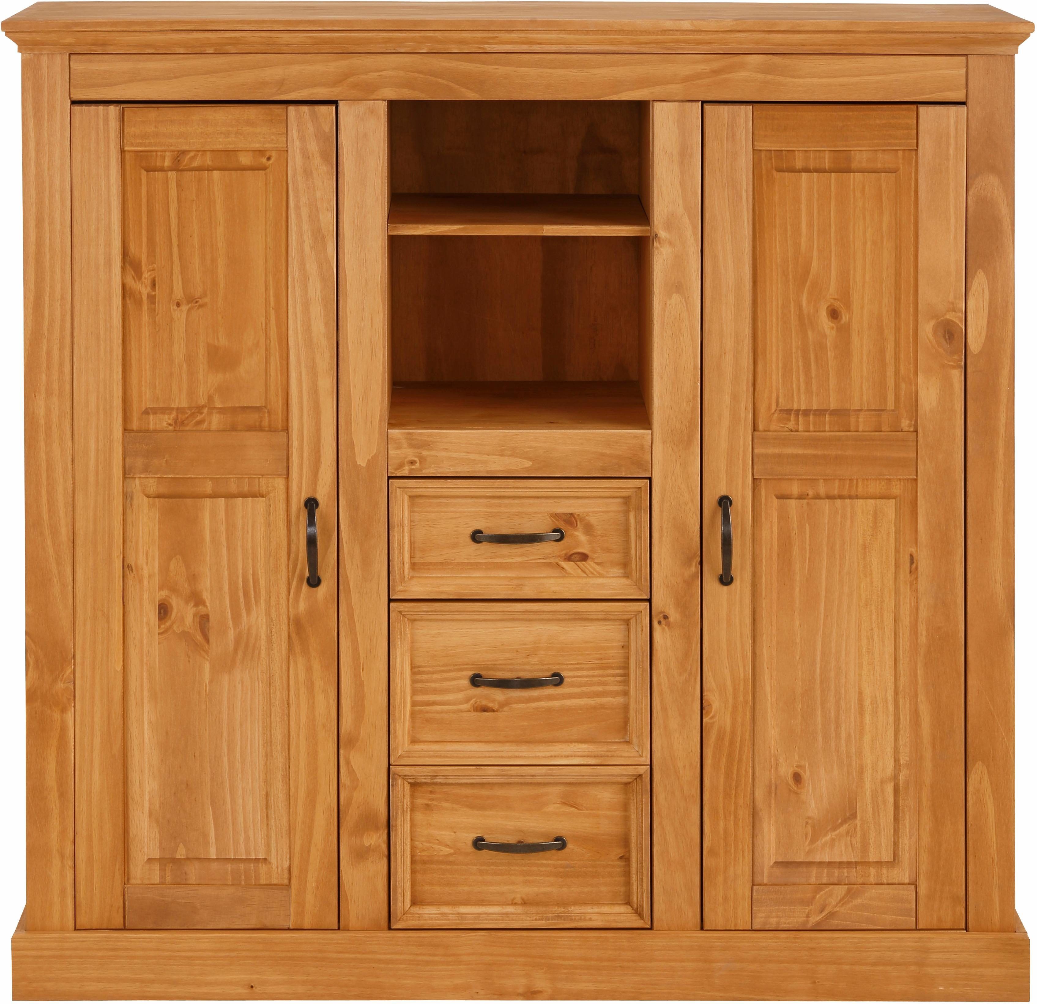 Highboard GOODPRODUCT "Selma Kommode mit 2 Türen, 3 Schubläden und 8 Fächer, Metallgriffe", beige (natur gebeizt, gewachst), B:130cm H:130cm T:38cm, Sideboards, Highboard, massives Kiefernholz, natürliche Maserung & Metallgriffe, 130cm breit natur gebeizt