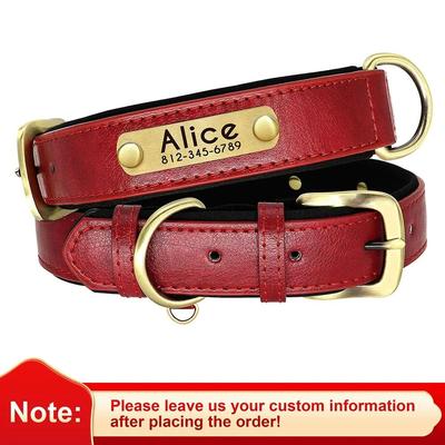 Customized PU Leather Nameplate Dog Collar Padded Comfort With Free Engraving red s