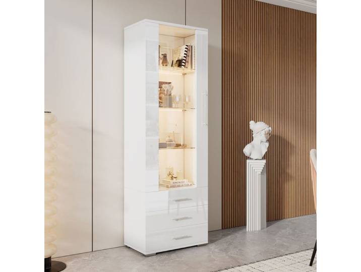 Vitrine - SOGEU - Sur pied - Blanc brillant - Éclairage LED contrôlable - 3 tiroirs
