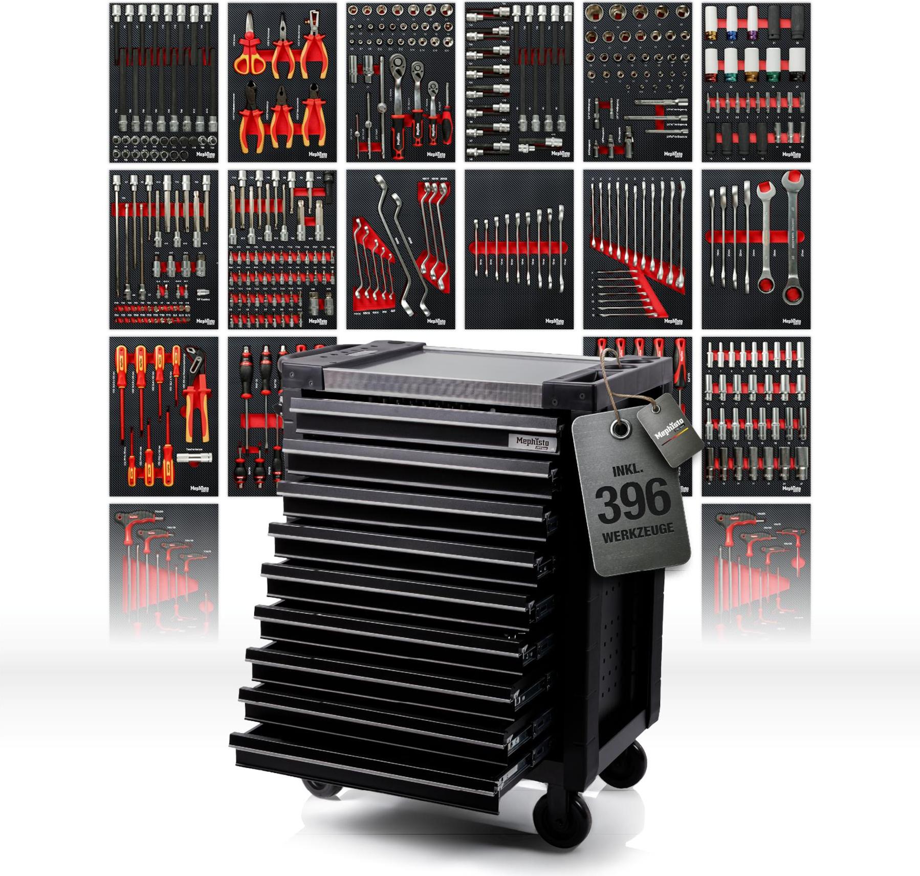 Mephisto ProLine "Full Black" Werkzeugwagen mit 9 Schubladen inkl. CRV Werkzeug