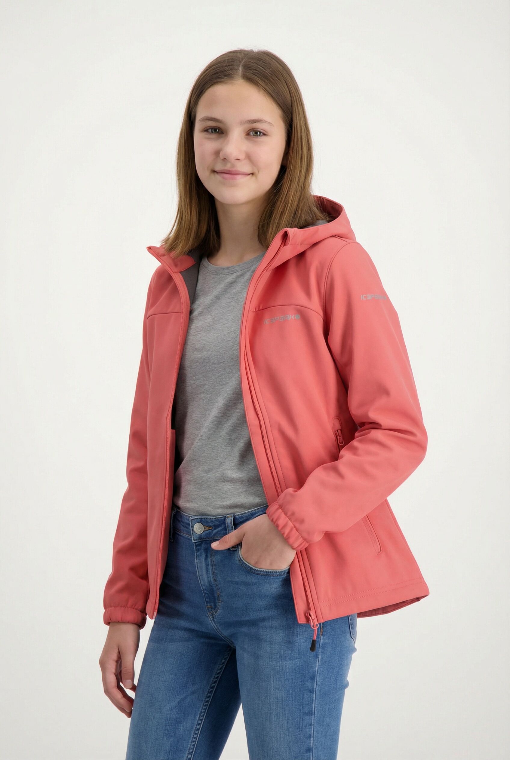 Softshelljacke ICEPEAK "KLEVE JR", Kinder, Gr. 152, rosa (mandarine), Obermaterial: 100% Polyester, Jacken Softshelljacke, sportlicher Stil, aus Polyester mandarine 152