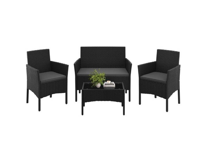 Yaheetech Ensemble Salon de Jardin 4 Pièces en Polyrotin avec Table Causeuse Fauteuils Coussins pour Terrasse Balcon Noir/Gris