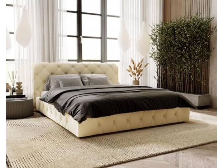 Emporius Polsterbett 180x200 Alise, Glamour Stil, Schlafzimmer - Doppelbett mit Bettkasten, Lattenrost - Velvet (Beige - Amor Velvet 4323)