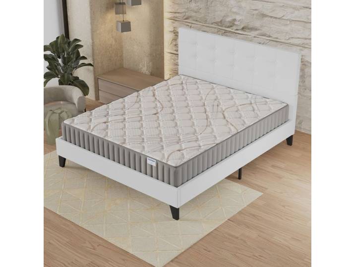 Ensemble MATELAS + LIT (160x200cm)- Sirius 16cm Latex Naturel & Mousse HDensité + Sommier stable & tête de lit revêtement Blanc