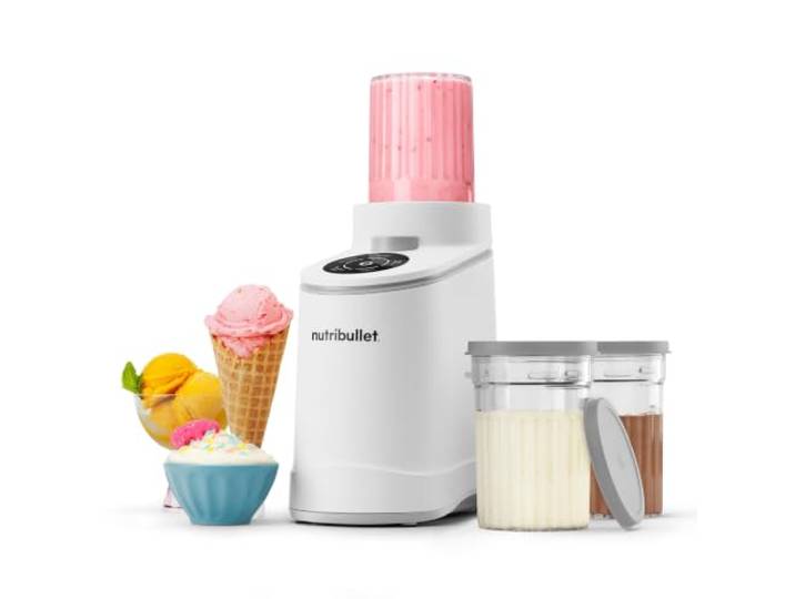 nutribullet Chill – Machine à desserts glacés\, gelato\, sorbet\, smoothie\, yaourt glacé\, crème glacée\, 5 programmes automatiques\, 3 récipients\, couvercles\, idéale pour les familles\, blanche (NBD0503W)