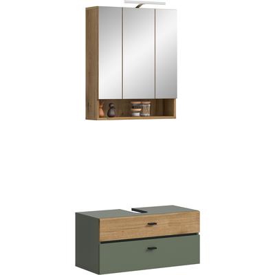 Badmöbel-Set WELLTIME "VANN, 2-teilige moderne Badkombination, inkl. Beleuchtung", grün (sage grün, evoke oak nachbildung, schwarz), B:75cm H:191cm T:35cm, Holzwerkstoff, Kastenmöbel-Sets, Badmöbel-Set, Bad-Kombination, Bad-Möbel, Badezimmer,...