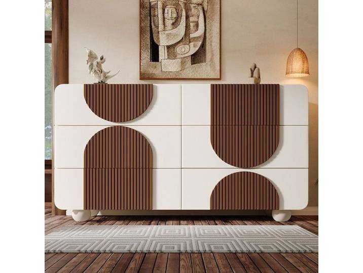 Buffet 121x41x71 cm à design incurvé meuble à six tiroirs avec dispositif anti-basculement pour salon et salle à manger-blanc