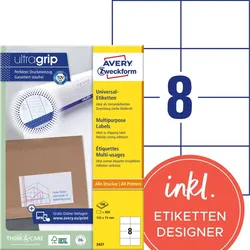 Avery Zweckform 3427 Universal-Etiketten, A4 mit ultragrip, 105 x 74 mm, 100 Bogen/800 Etiketten, weiß