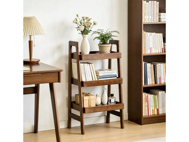 Étagère échelle en bois massif 100 % 3 niveaux autoportante table d'appoint noyer pour salon chambre bureau
