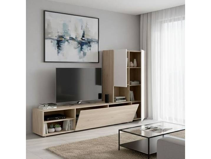 Dmora - Wohnzimmermöbel Ainos, Modulares Wohnzimmerset, Mehrzweck-Wohnzimmermöbel, Moderner TV-Schrank, 227x40 h141 cm, Weiß und Eiche
