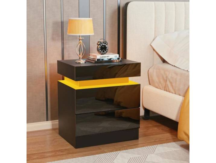 Table de chevet étroite avec éclairage LED-Table d'appoint avec borne de recharge-avec 2 tiroirs avec fonction rabattable-XJING