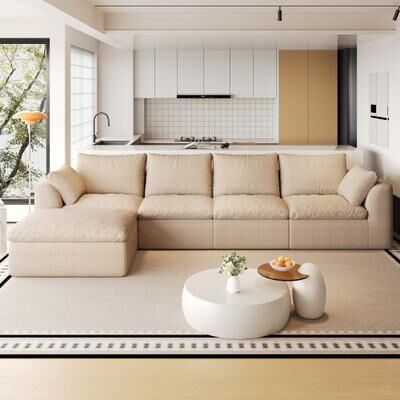 Loedds 137.9-inch L-Shaped Modular Sofa with Single Chaise Lounge, Deep Seats and Removable Covers in Khaki