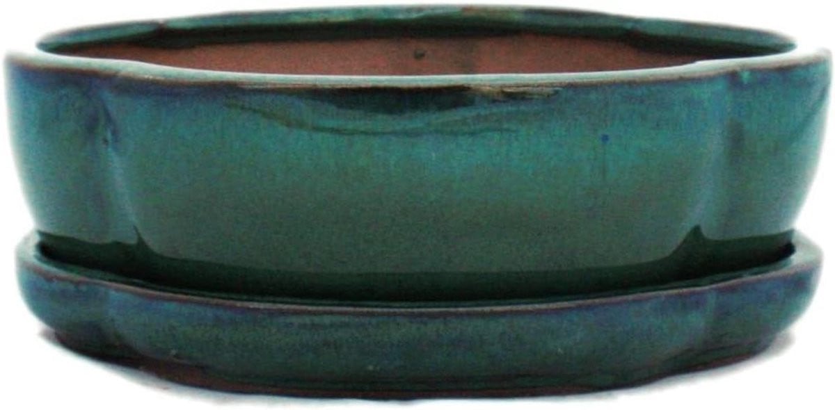 Groene Bonsai schaal met schotel en geglazuurde afwerking, Lengte: 17 cm