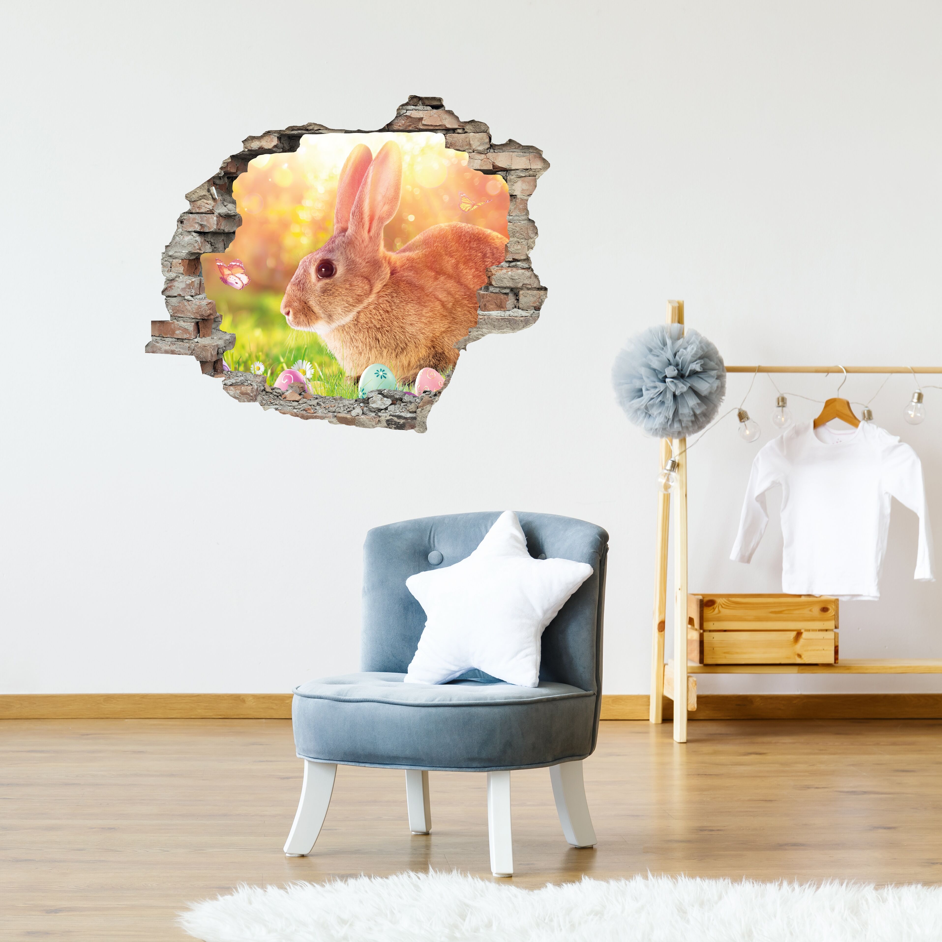 3D-Wandtattoo QUEENCE "Osterhase mit Schmetterling", braun (bunt), B:60cm H:50cm, Vinyl, Wandtattoos, 3D-Wandtattoo, Selbstklebender Wandsticker Ostern Wanddurchbruch 60x50cm bunt B/H/T: 60cm x 50cm, Grashalm Grashalme Kaninchen