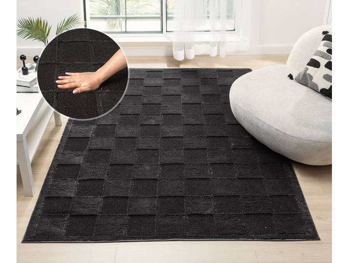 Teppich GOODPRODUCT Belion, Hoch-Tief-Struktur, Karo-Muster , schwarz, B:120cm H:19mm L:180cm, Kunstfaser, Teppiche, Teppich, leichter Glanz, Schachbrettmuster, Modern, Wohnzimmer, Schlafzimmer