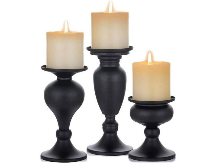 Kerzenständer 3er Set Schwarz Metall Vintage, 9.3x9.3x19.4 cm, Dekoration, Kerzen & Kerzenhalter, Teelichthalter