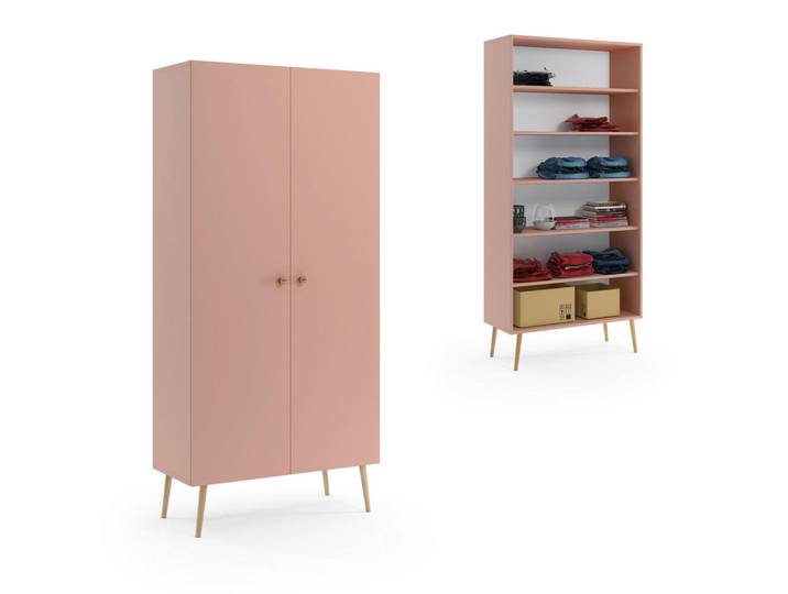 Sepro Meble Schrank Rosa Boho Tiefe Holzbeine 5 Regale, 87x212x41 cm, Schlafzimmer, Kleiderschränke, Drehtürenschränke
