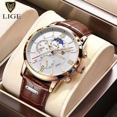 Youfap Market LIGE Luxury Men's Leather Watch Waterproof Quartz Sport Timepiece rose White