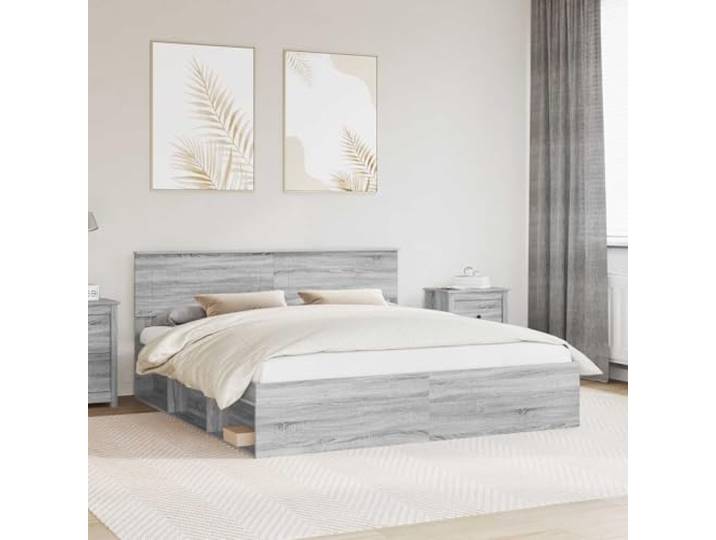 Modernes Holzwerkstoff Bettgestell Schlankes Design 180 x 200 cm Grau Bettrahmen Graues Sonoma 180 x 200 cm Holzwerkstoff Bettgestell mit Kopfteil Lattenrost Stabil Modernes Design