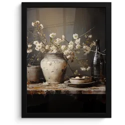 POSTER MIT RAHMEN Stilleben - Blumen - Blumenstrauß - Vase - Wein Bilderrahmen 30x40 cm