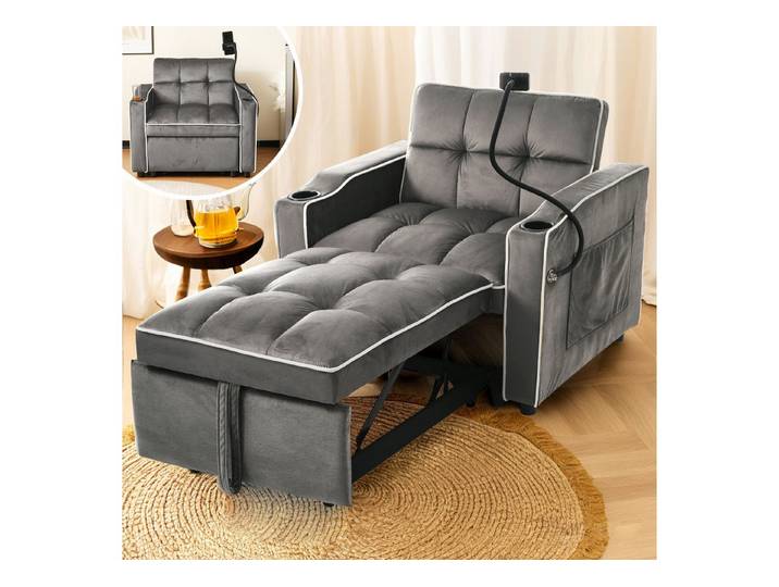 Merax Schlafsofa mit 3-in-1 Bettfunktion, 1 Teile, Loungesessel mit Getränke- & Handyhalter, Ausziehbares Sofa Liegestuhl