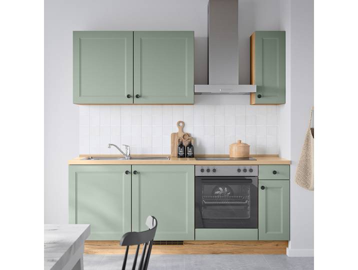 Küchenzeile Low-Line Cascada Variante B 210cm Ausrichtung rechts Grün/Mintgrau Beko
