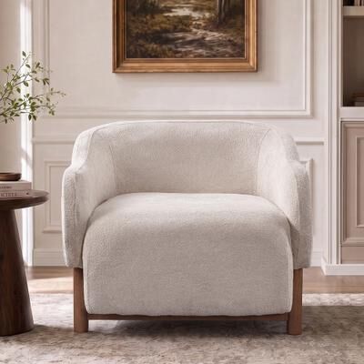 Accent Chair Chenille Upholstered Armchair with Recessed Arms & Tight Back Walnut Rubberwood Legs