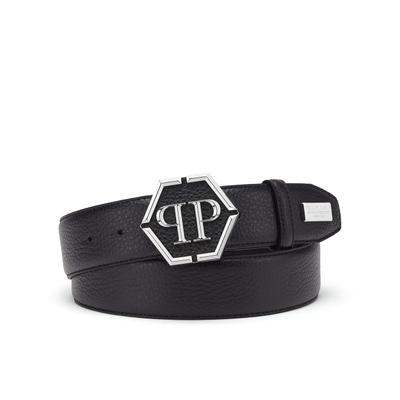 Ledergürtel PHILIPP PLEIN "Hexagon", Herren, Gr. 85, 02, schwarz, Gürtel Ledergürtel
