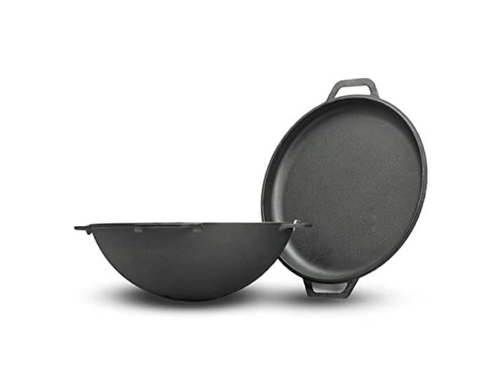 4BIG.fun Gusseisen Kazan 10 L Schwenktopf Kasan mit Deckel-Bratpfanne Wokpfanne Grill Cast Iron Campingtopf Kessel Asia Wok Traditioneller Gusstopf Grillwok