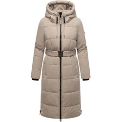 NAVAHOO Damen Steppmantel lang Wintermantel Parka Jacke wasserabweisend, Kapuze, Teddyfell, Kragen, Gürtel Herbstnebel