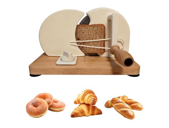 KIRJAUDU Brotschneidemaschine Manuell, Klassischer Brotschneider mit Holzschneidebrett & Edelstahlklinge, Einstellbare Schnittstärke, Rutschfest & Leicht zu Reinigen, für Haushalt, Café und Bäcker