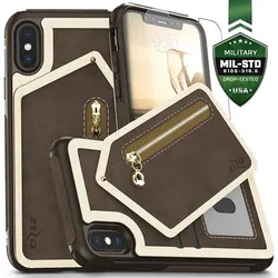 Zizo Nebula Wallet Case - Lederhülle für iPhone X s Fächern für karty + Hülle für zip + 9H Glas für Display (dunkel braun/braun)