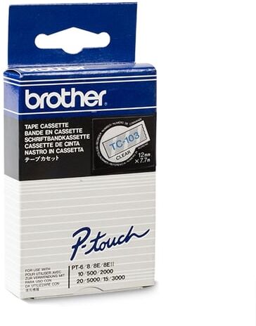 Brother TC-103 fita 12mm texto Azul sobre transparente (7,7m)